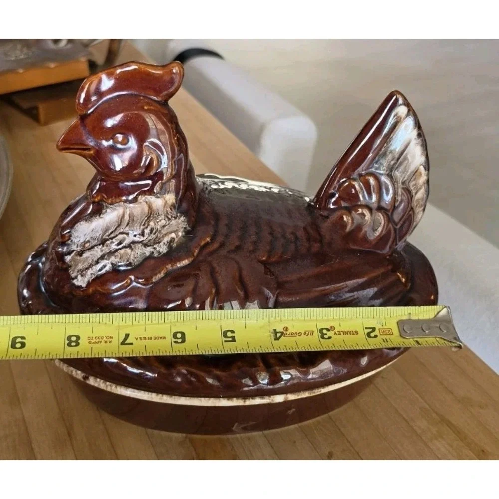 Vtg Hull Pottery Brown Drip Hen on Nest Casserole Dish Cottagecore Grandmacore